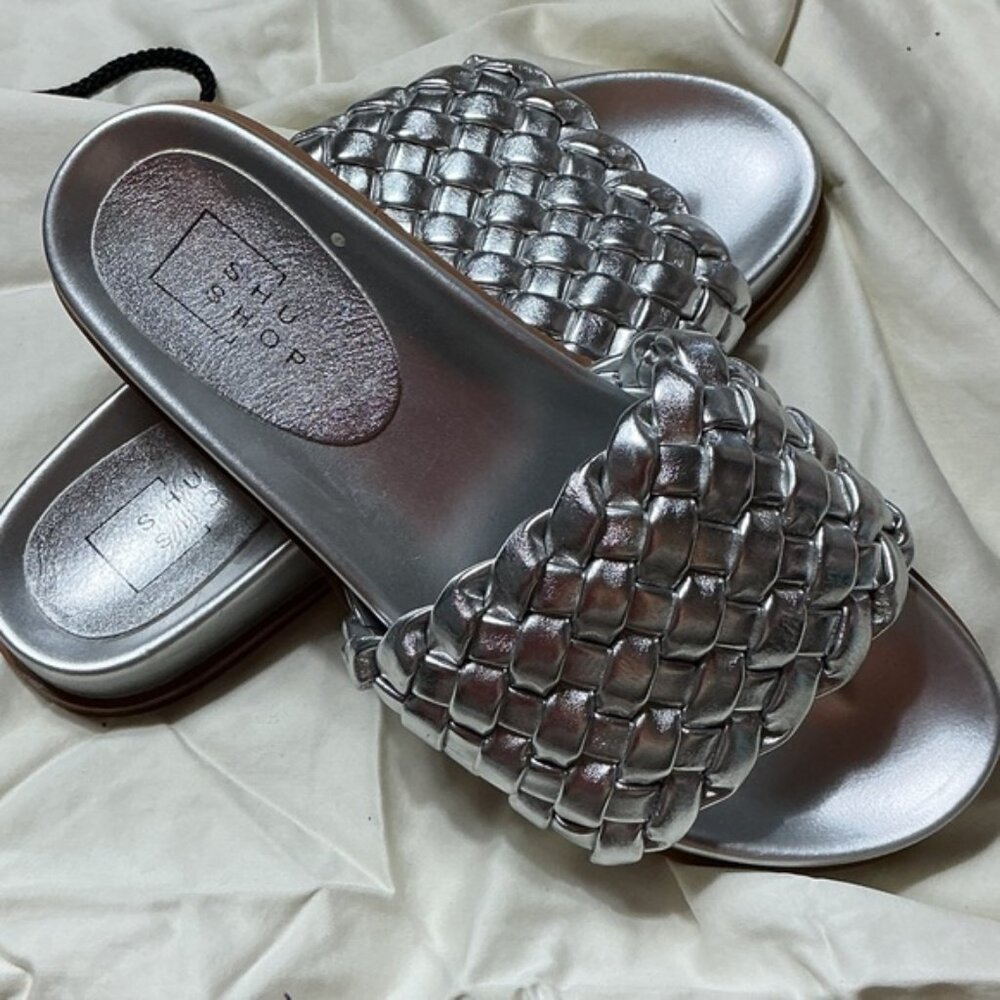 Shu Shop Silver Woven Slide Sandals Size 9 Metallic Basket Weave